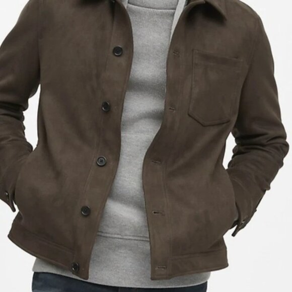 Banana Republic Mens Size Medium Vegan Suede Shirt Jacket Military Green Pocket - Picture 8 of 10